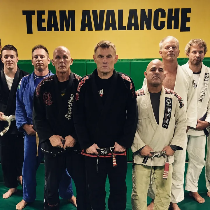Professor James Boran and the adult team under the Team Avalanche banner at Boran Brazilian Jiu-Jitsu